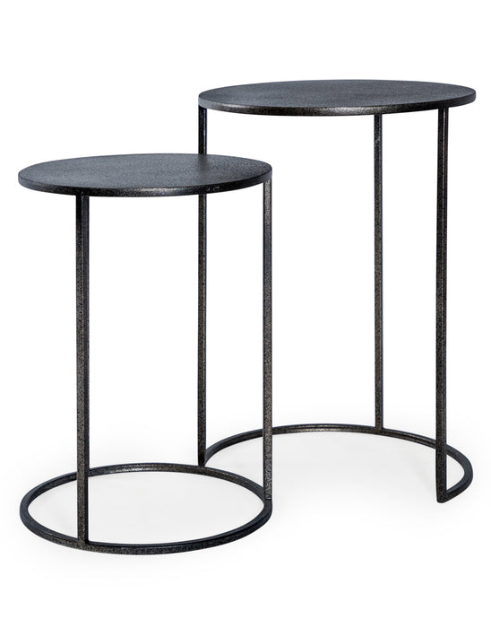 Industrial Nesting Side Tables, Distressed Black, Metal Frame, Bronze Round Top