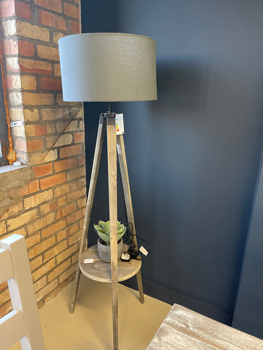 Grey Wooden Tripod Floor Lamp with Shelf - Decor Interiors -  House & Home