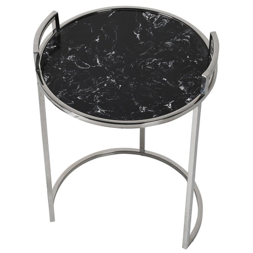 Side Tables, Chrome Nesting, Stainless Steel Frame, Black Marble, Round Top, Set of 2