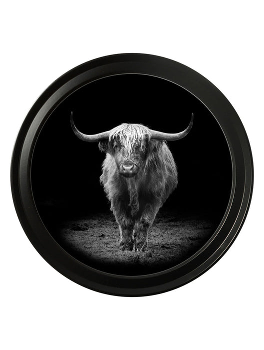 Round Framed Black & White Wildlife Wall Art - Highland Cow - 44cm