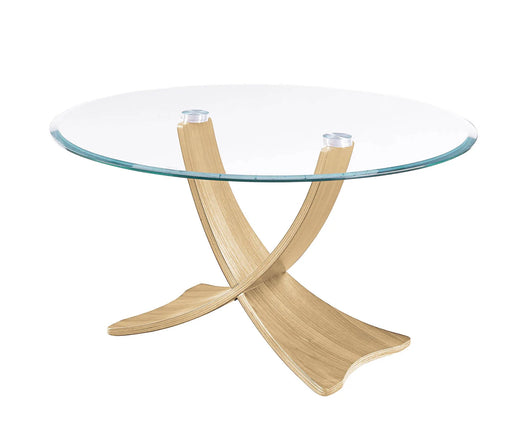 Brooklyn Coffee Table, Oak Veneered, Curved Legs, Round Clear Glass