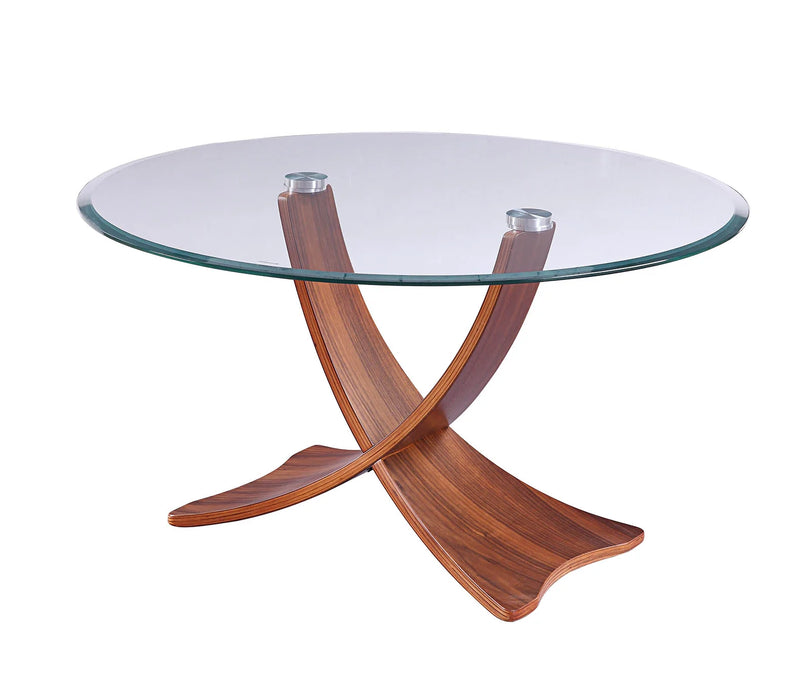 Brooklyn Coffee Table, Walnut Veneered, Curved Legs, Round Clear Glass