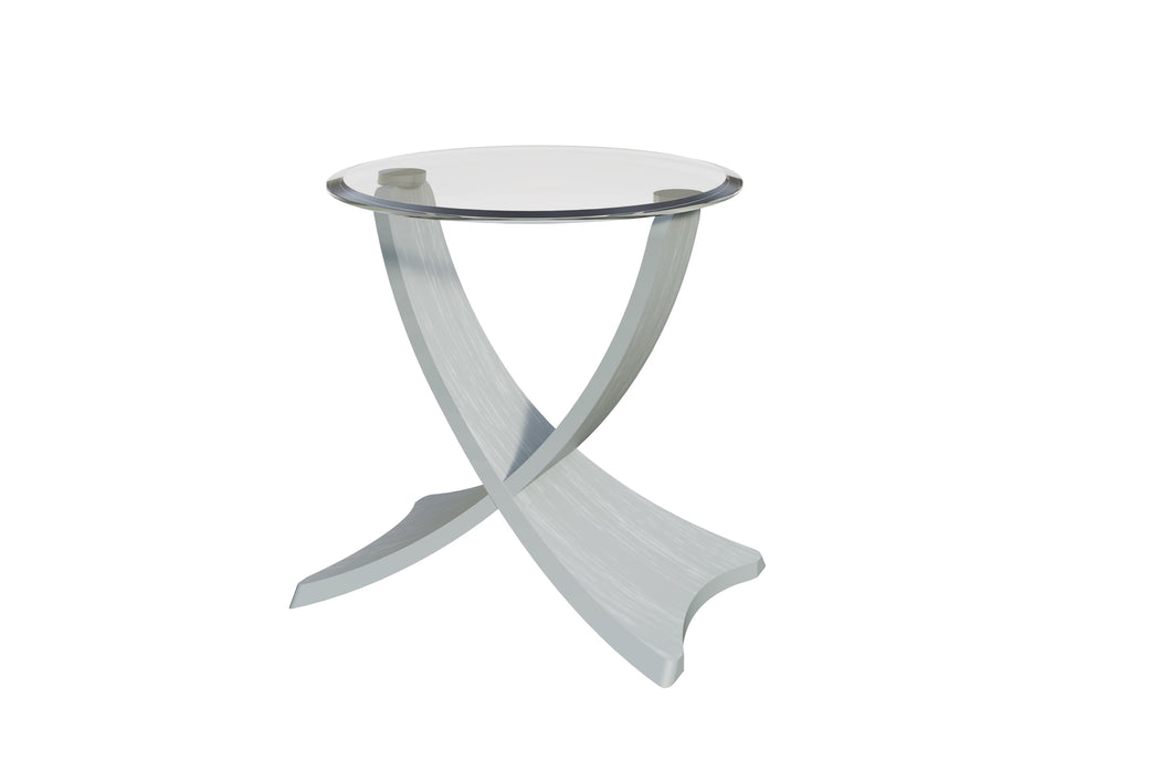 Brooklyn Side Table, Curve Design, Grey Veneer Legs, Round Clear Glass Top