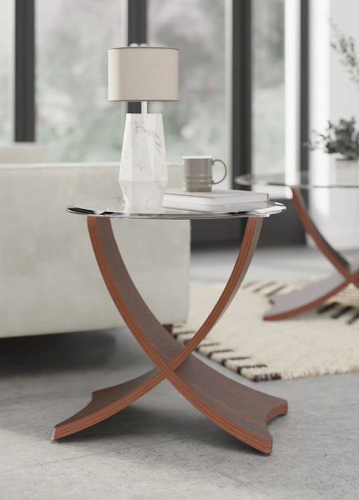 Brooklyn Side Table, Walnut Curved Design, Round Clear Glass Top