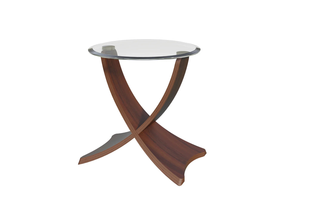 Brooklyn Side Table, Walnut Curved Design, Round Clear Glass Top