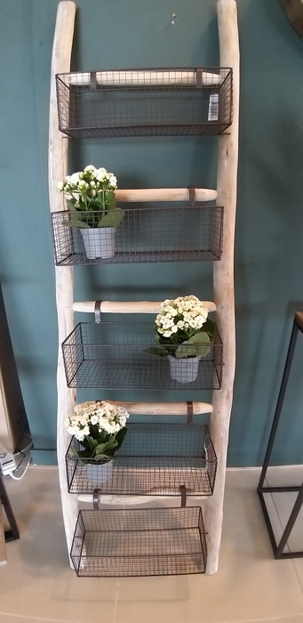 Rustic Rectangular Floor Shelf, 5 Wire Storage Baskets, Natural Wooden Frame
