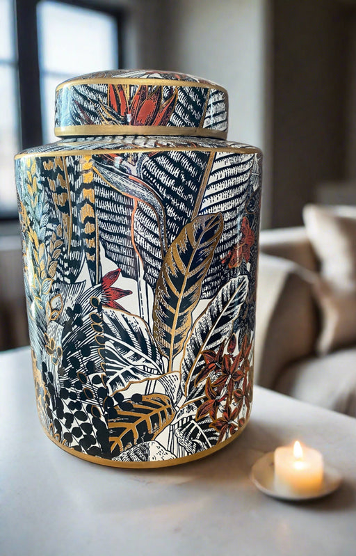 Decorative Lidded Jar, Feather, Leaf Design Print