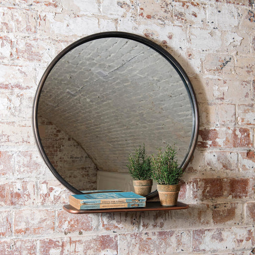 Industrial Shelf Wall Mirror, Round, Black Metal, Bronze Frame