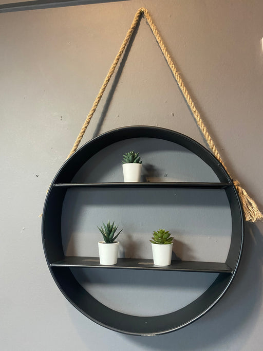 Round Wall Shelf, Black Metal Frame, Hanging Rope, Open Shelf