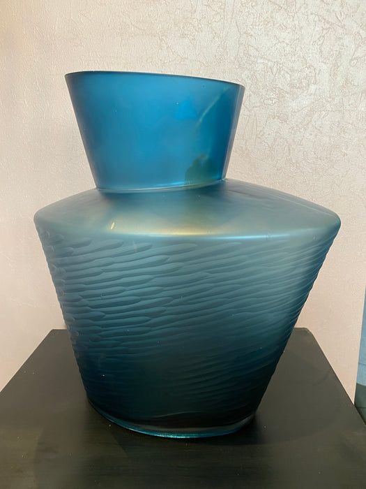 Short Hand Blown Cut Blue Glass Vase - 36 x 28cm - Decor Interiors -  House & Home