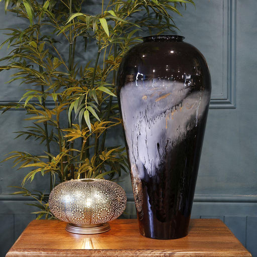 Flower Stem Large Vase, Black Metal, Gold, Blue, Enamel 