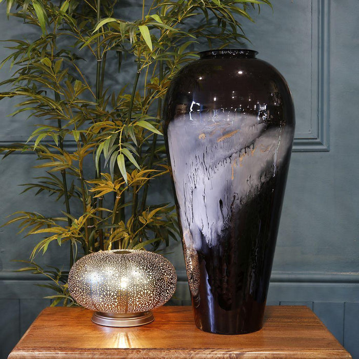 Large Black, Gold & Blue Enamel Metal Flower / Stem Vase